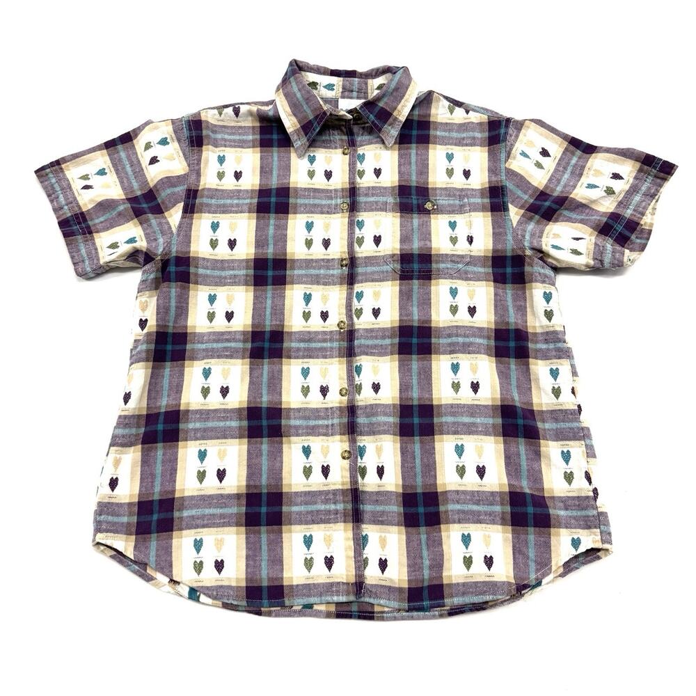 Vtg Cottagecore Heart Plaid Short Sleeve Button Up Grandma Teacher Purple Large